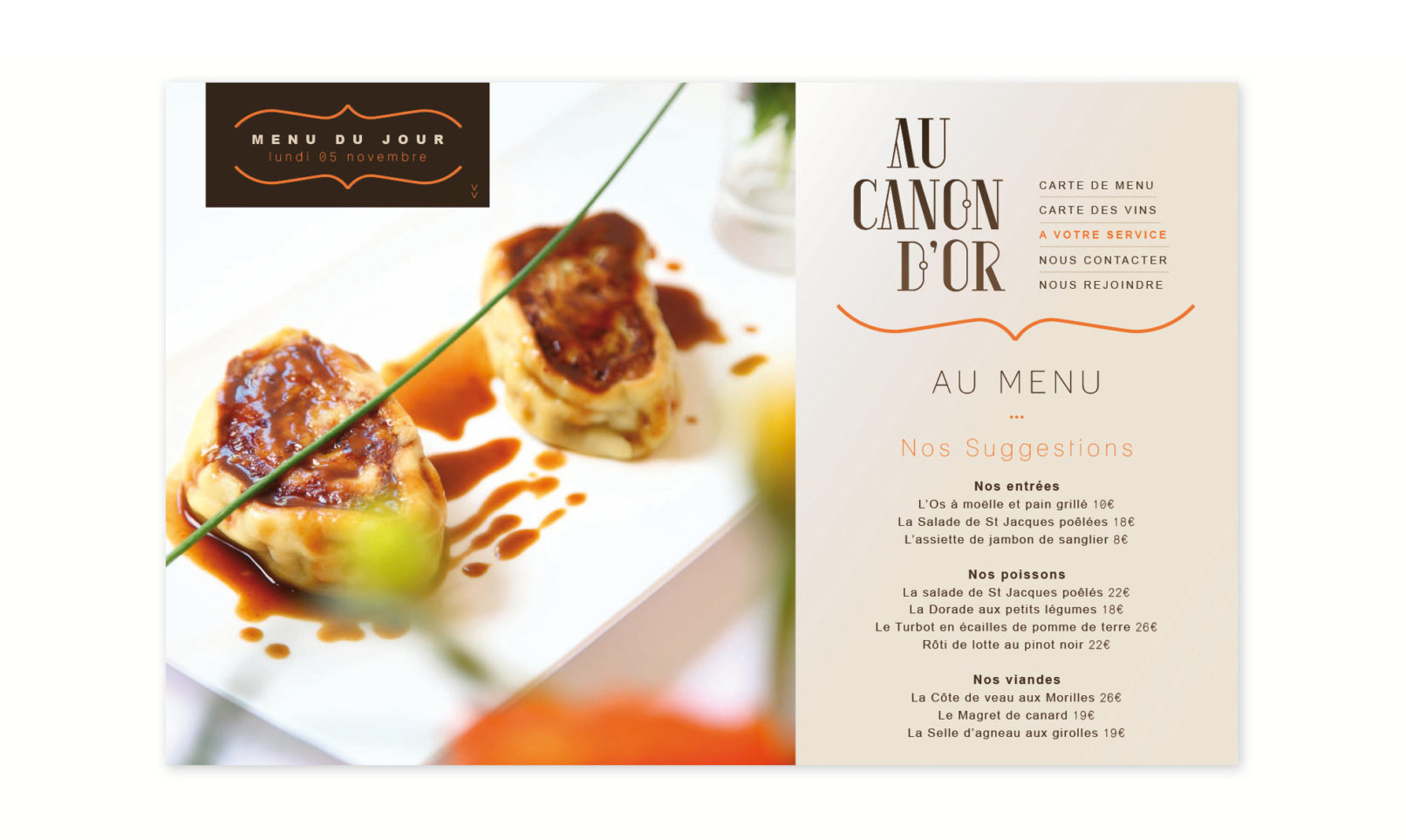 Site internet du restaurant aAu Canon d'Or à Mulhouse Dornach (68) Alsace : " Au menu "