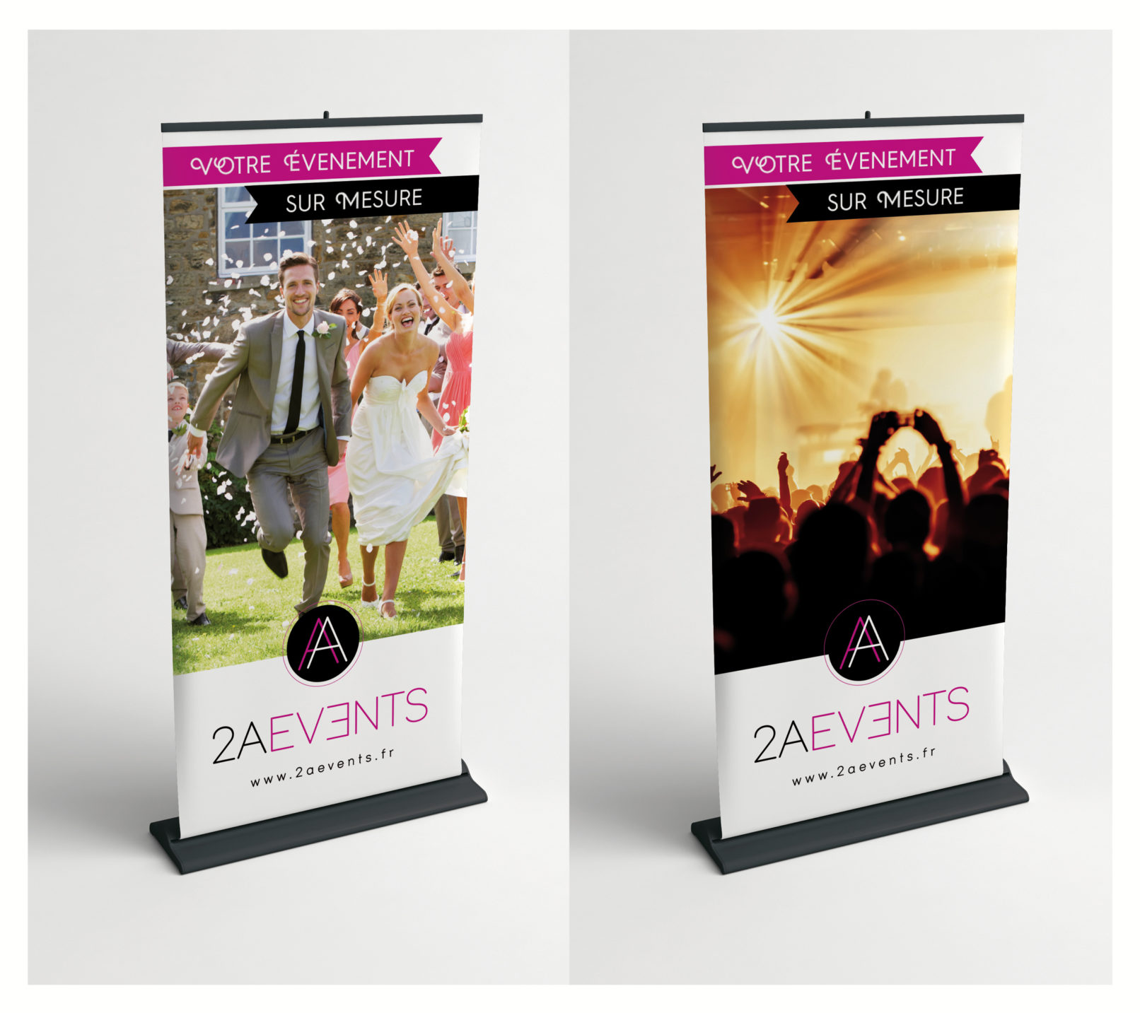 Totems, kakémonos, stand pour 2A events - organisateur d'évènements et mariages : logo, identité visuelle, charte graphique